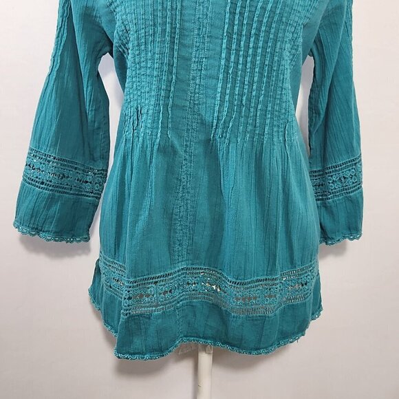 Sundance Women's Size XS Teal Crochet Lace 3/4 Sleeve V-Neck Peasant Top Boho - Picture 3 of 11